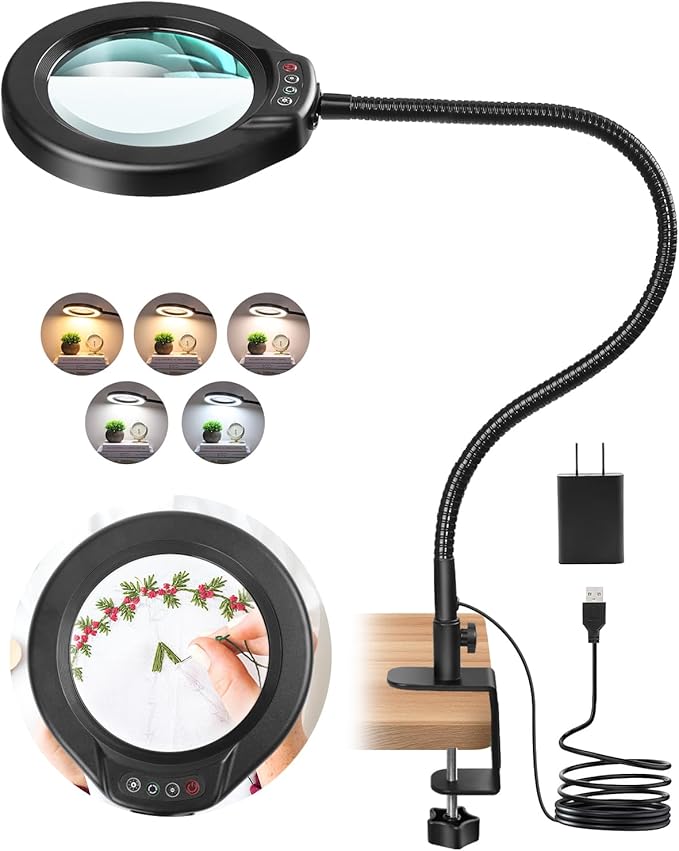 10X Magnifying Glass with Light and Clamp, 5 Inch Real Glass Magnifying Desk Lamp with Stand, Long Gooseneck, 5 Color Modes Lighted Magnifier Hands Free for Crafts Painting Jewelry Close Work