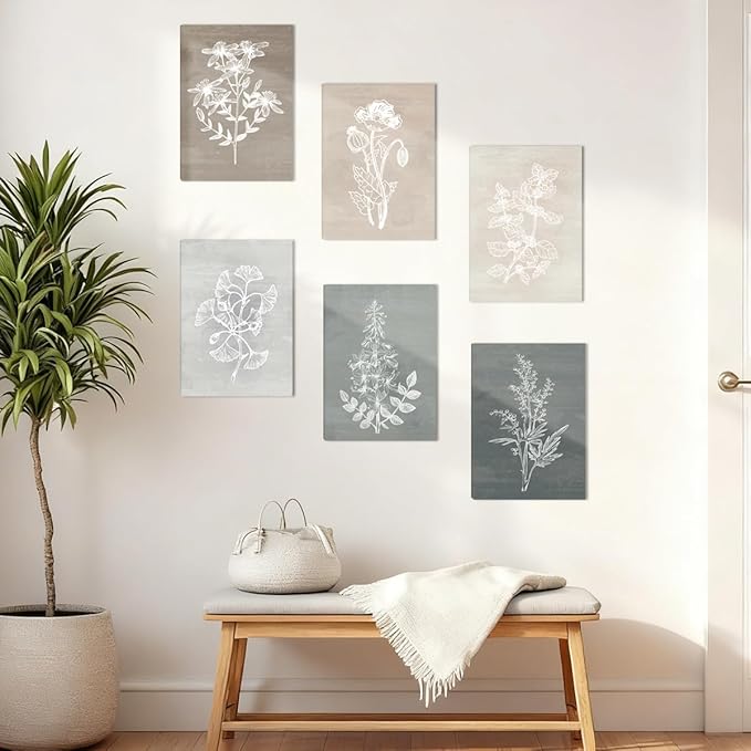 BINCUE Neutral Botanical Plant Canvas 6 Pieces Rustic Farmhouse Wall Art Natural Botanical Canvas Artwork Farmhouse Decor Boho Wall Art for Living Room Bedroom Bathroom Office 12"x 16"