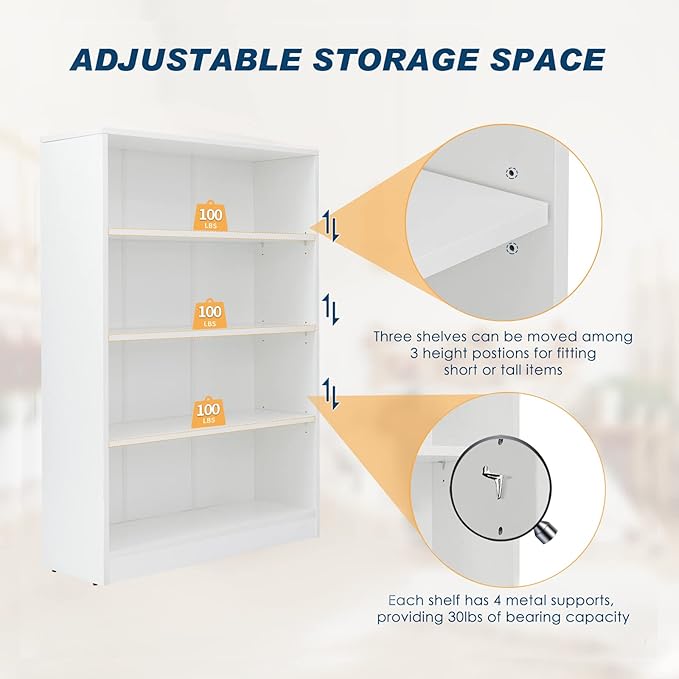 Farini White Bookshelf for Bedroom 4 Shelf Office Bookcase 48 Inches Tall Modern Wood Bookshelf for Living Room 4 Tier Wide Manga Books