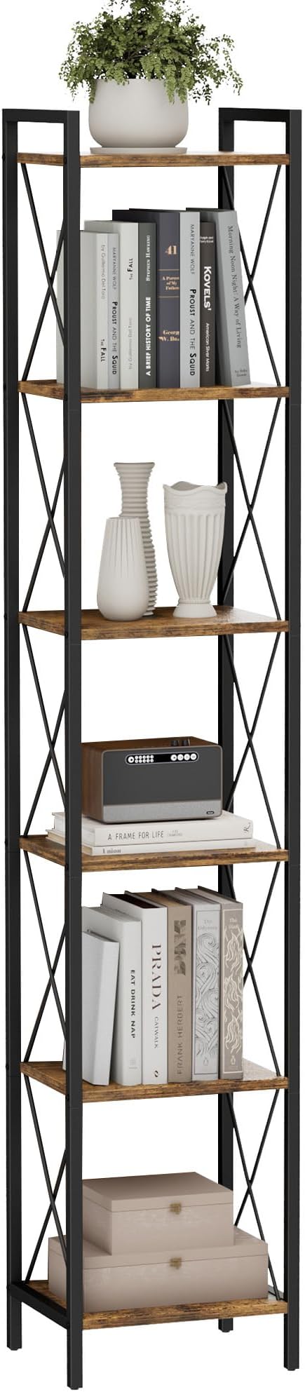Homhedy 6 Tier Bookshelf, Tall Narrow Bookcase for Small Space, Metal Storage Book Shelf, for Home Office, Living Room, Kitchen, Bedroom, Industrial Style, 10.4" D x 13" W x 67.4" H, Rustic Brown