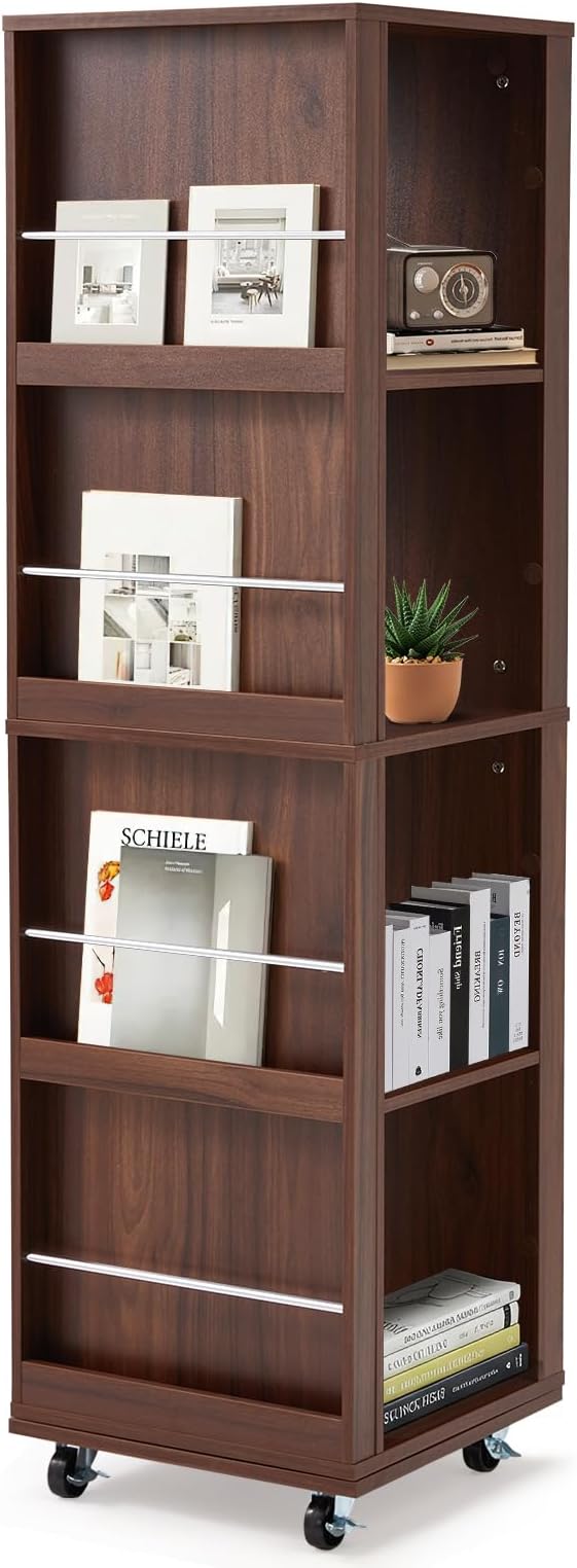 JOMEED Rotating Bookshelf Tower with Wheels, 4-Tier Corner Bookshelf with Pegboard, 360° Spinning Book Shelf Tower with Magazine Rack, Tall Bookcase, Narrow Bookcase