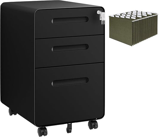 3 Drawers File Cabinet, Mobile Filing Cabinet with Lock, with 25 File Folders, Steel, Fully Assembled Except Casters, for Home Office, Black