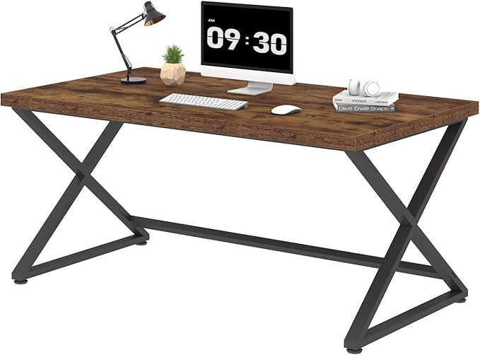 IBF 55 inch Computer Desk, Farmhouse Home Office Desk, Industrial Wood Metal Legs Work Desk for Writing Study, Vintage Minimalist Laptop Executive Workstation PC Gaming Table in Bedroom, Rustic Brown