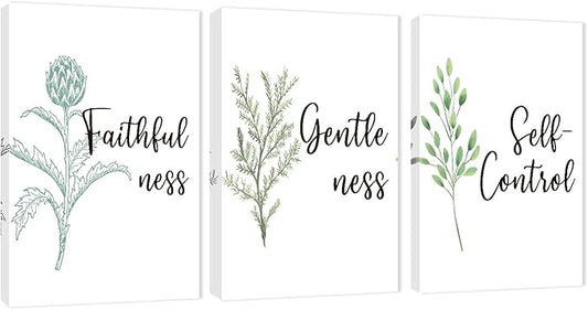 3 Piece Inspirational Wall Art, White Plant Background Picture, Quote "Faithfulness Gentleness Self-control" Canvas Print for Home Decor, Stretched And Framed Artwork for School Wall Decor(36"Wx24" H)