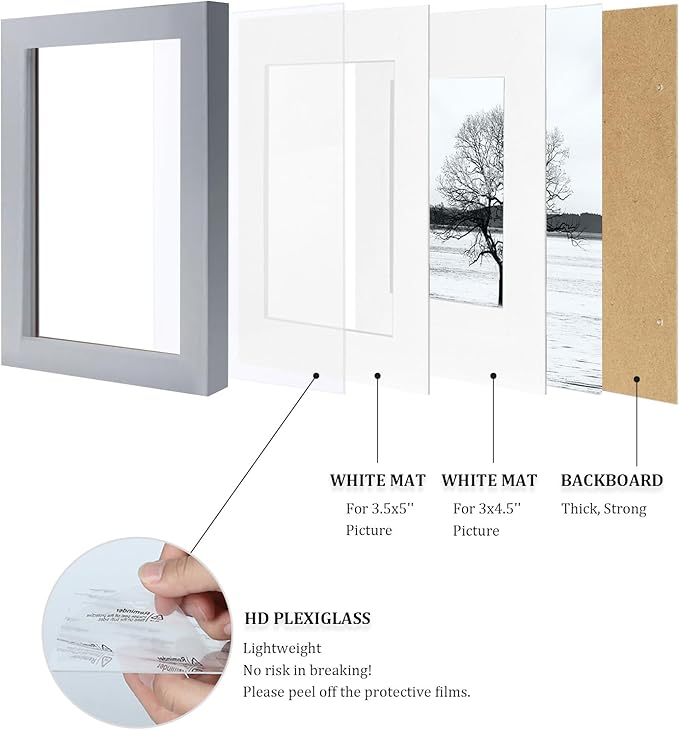 Egofine 4x6 Picture Frames Set of 4, Made of Solid Wood Covered by Plexiglass 3x4.5 and 3.5x5 with Mat or 4x6 without Mat, for Table Top Display and Wall Mounting Photo Frame, Light Grey
