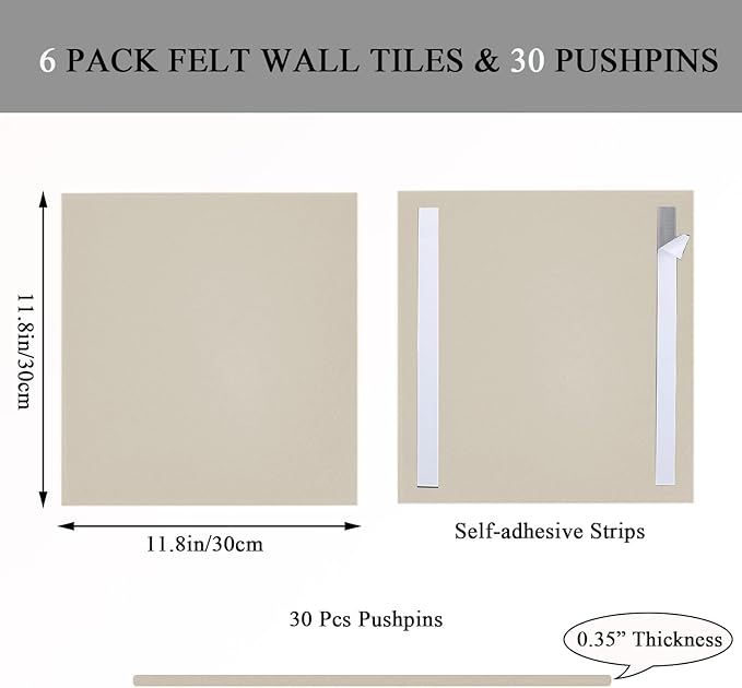 Large Cork Board for Wall 36" x 24", Light Tan Bulletin Board, 6 Pack Felt Wall Tiles with 30 Colored Pushpins, Corkboards for Office, School, Home