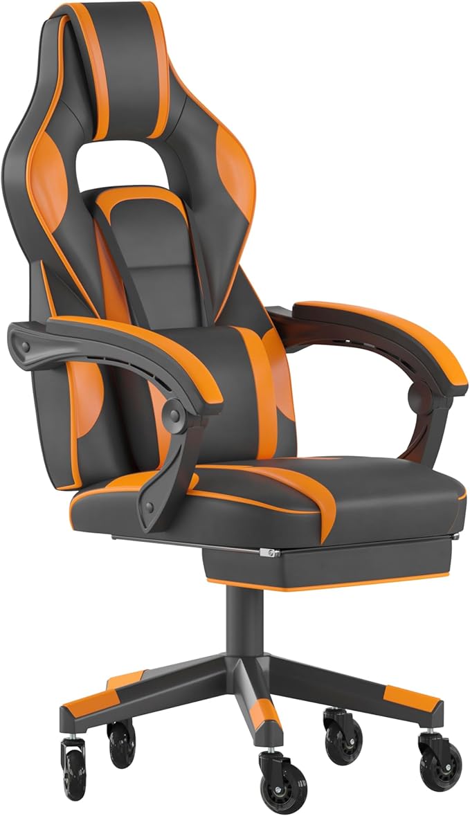 Flash Furniture X40 Gaming Chair Racing Computer Chair with Fully Reclining Back/Arms and Transparent Roller Wheels, Slide-Out Footrest, - Black/Orange