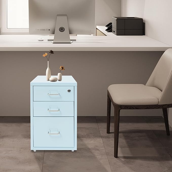 Vertical File Cabinets | 3 Drawer File Cabinet with Wheels| Steel Lockable Storage Cabinets | Metal S-torage Cabinet for Home Office | Storage A4/F4/Letter/Legal (Blue-3 Drawers)