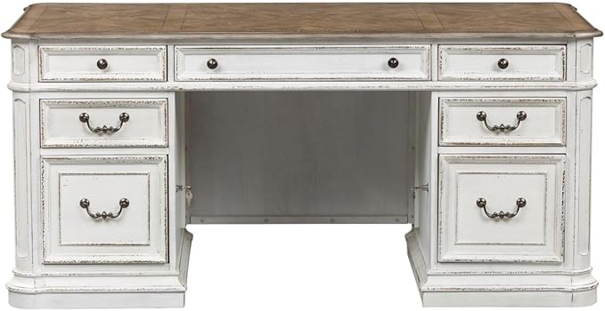 Liberty Furniture Magnolia Manor Complete 5 Piece Desk Set for Home Office - Antique White & Weathered Bark