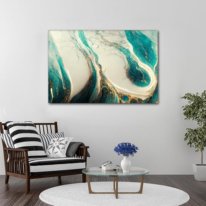 Canvas Wall Art for Living Room Modern 1 Panel Canvas Art Abstract Marble Texture Picture Printing Gold and Teal Poster Prints for Lady Bedroom Office Wall Decor Stretched Ready to Hang 36x24 in