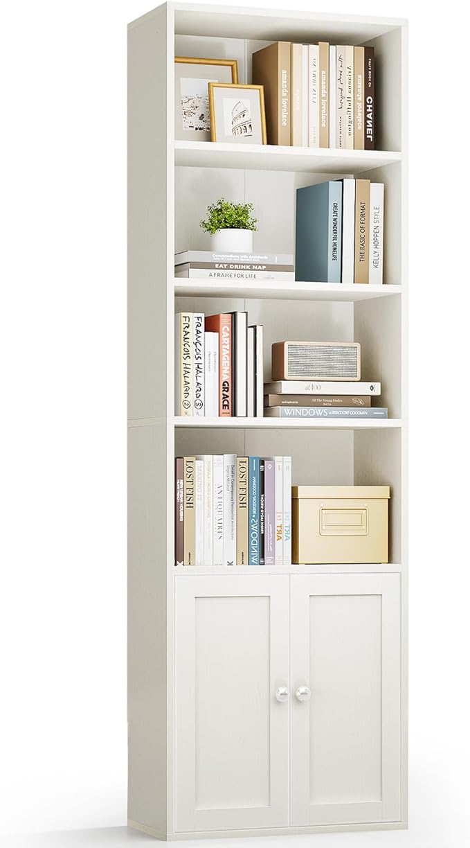 Casaottima Bookshelf and Bookcase with Doors, Floor Standing 6-Tier Shelf Display Storage Shelves, Tall Bookcases for Home Office, Living Room, White