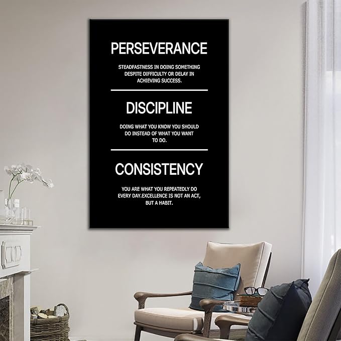 Motivational Office Poster Decor Inspirational Canvas Wall Art Perseverance Discipline Consistency Success Quotes Picture Painting Artwork for Classroom School Stretched and Framed [24''Wx36''H]