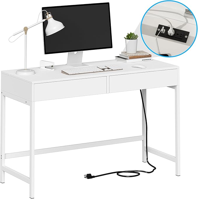 Treocho White Desk with USB Charging Ports and Power Outlets, Modern Simple 47 inch Computer Desk with 2 Drawers, Vanity Table, Makeup Table for Home Office, Bedroom