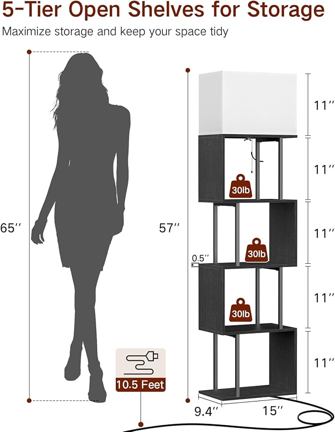 5-Tier Floor Lamp with Shelves & Remote, Dimmable S-Shaped Bookshelf with 3 Color Temperature, 1-Hour Timer, Tall Corner Standing Lamp for Living Room, Bedroom, Office (Black)