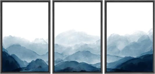 SIGNWIN Framed Canvas Print Wall Art Blue Watercolor Mountains in Fog Nature Wilderness Illustrations Modern Art Rustic Scenic Cool for Living Room, Bedroom, Office - 24"x36"x3 Black