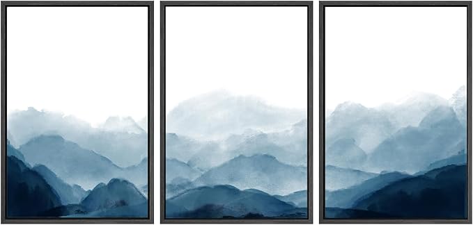 SIGNWIN Framed Canvas Print Wall Art Blue Watercolor Mountains in Fog Nature Wilderness Modern Art Rustic Cool for Living Room, Bedroom, Office - 16"x24"x3 Black