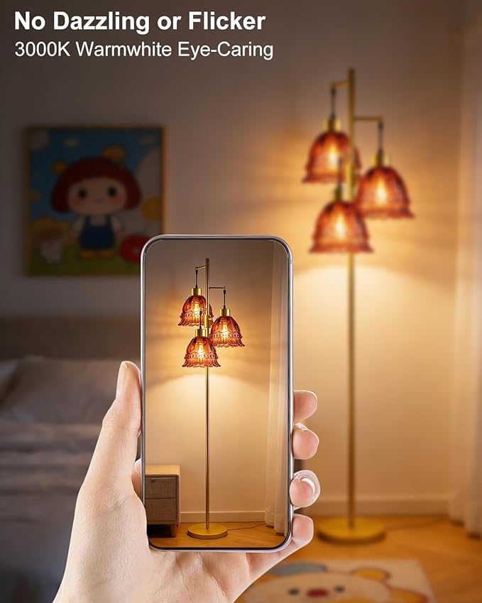 Lightdot 3-Lights Glass Floor Lamp Dimmable Gold Floor Lamp with Deep Red Glass Shade 3000K Bulbs Included Unique Modern Standing Tall Lamp for Living Room/Bedroom/Sofa Beside/Corner Decor