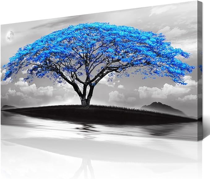 Wapluam Large Canvas Prints Wall Art For Living Room Bedroom Wall Decor Black And White Pictures Blue Tree Landscape Painting To Hang Modern Home Decorations For Office Stretched And Framed Works