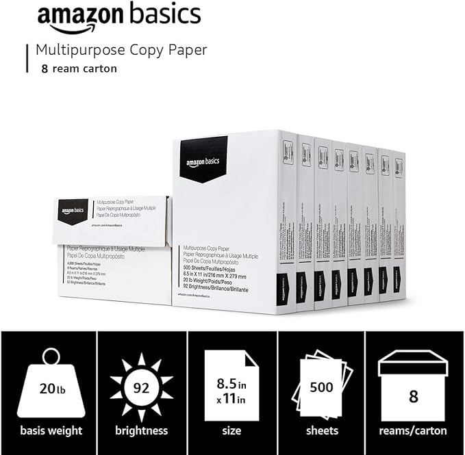 Amazon Basics Multipurpose Copy Printer Paper, 20 lb, 8.5 x 11 Inches, 8 Reams (4,000 Sheets), 92 Bright White, Great for Crisp Ink Printing