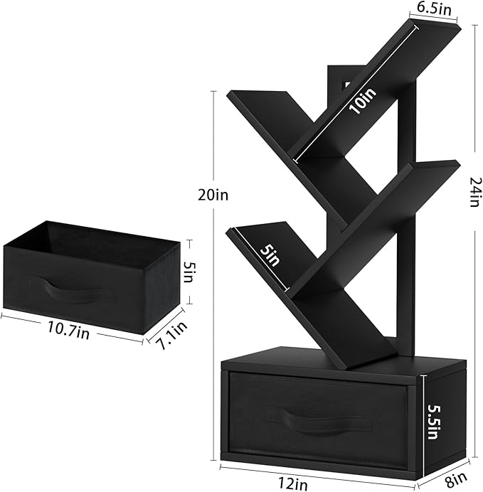 Small Book Shelf with Drawer,4 Tier Black Tree Bookshelf,Wooden Desktop Bookcase,Modern Desk Display Storage Bookshelves,Floor Standing Organizer Bookcases for Living Room,Bedroom,Office