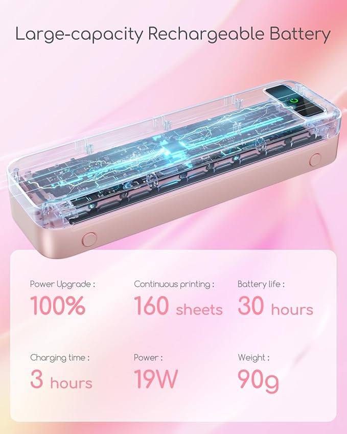 TATTMUSE Inkless Portable Thermal Printer Pink & 200 Sheets 8.5" x 11" US Letter Thermal Paper, Compatible with iPhone Android Laptop for Home Office
