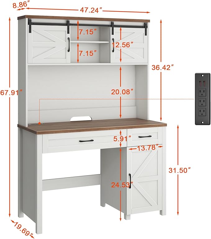 Farmhouse 47" Executive Desk, Computer Desk with 2 Drawers, LED Light and Storage Cabinet, Home Office Desk with Hutch, Charging Hub, Workstation for Home Office and Study,(Unique White