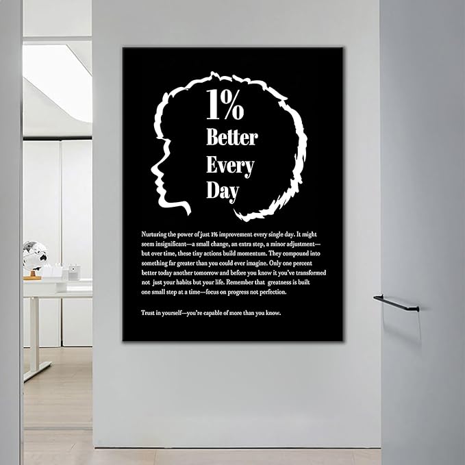 Motivational Wall Art Decor Growth Quote 1% Better Every Day for Entrepreneur Positive Picture Printing Encouraging for Modern Home Living Room Gym School Artwork Stretched and Framed [30''Wx40''H]