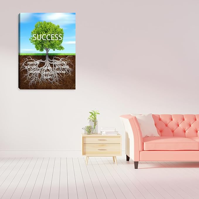 Inspirational Wall Art Blue Green Tree Motivational Canvas Wall Decor Success Posters Prints Entrepreneur Quote Wall Picture Paintings Artwork Home Bedroom Framed Easy to Hang 12"x16"
