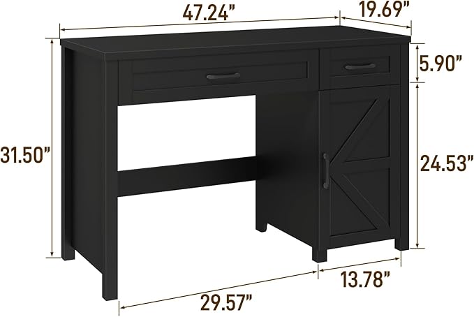 Farmhouse 47" Executive Desk, Computer Desk with Drawers and Storage Cabinet, Workstation Computer Desk for Home Office, Study.Pure Black