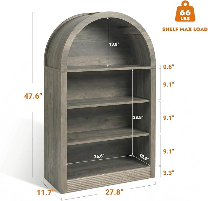 Bookcase, 4-Tier Tall Bookshelf, 47.6" Wood Open Display Floor Arched Book Shelf, Large Storage Organizer for Bedroom and Living Room Gray