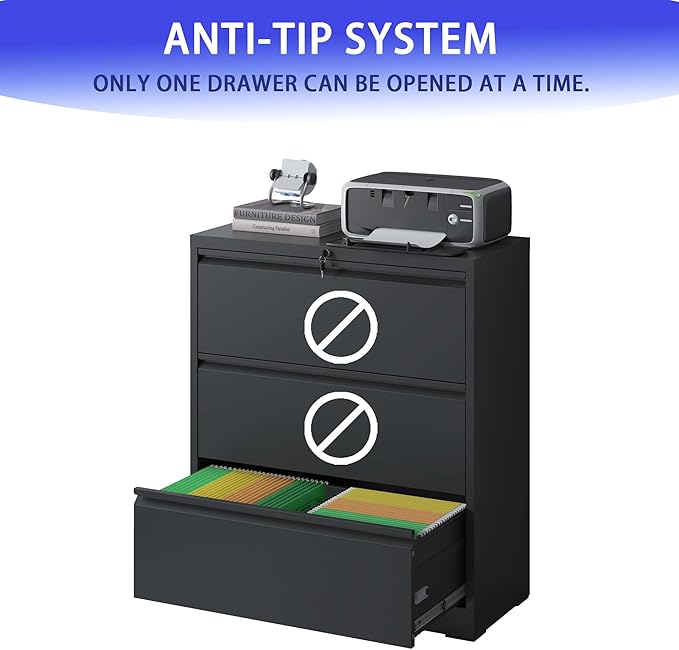 3 Drawer Lateral File Cabinet with Lock for Home Office Metal Filing Cabinet with Adjustable Hanging Bars Horizontal Filing Organization Storage Cabinet for Letter/Legal/A4/F4 Size Black