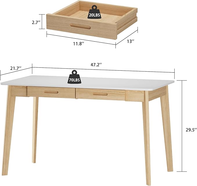 Home Office Computer Desk Coner Desk with 2 Drawers, Study Writing Table for Home Office, Study, White & Natural (47.2 ”W x 23.6”D x 29.1”H)