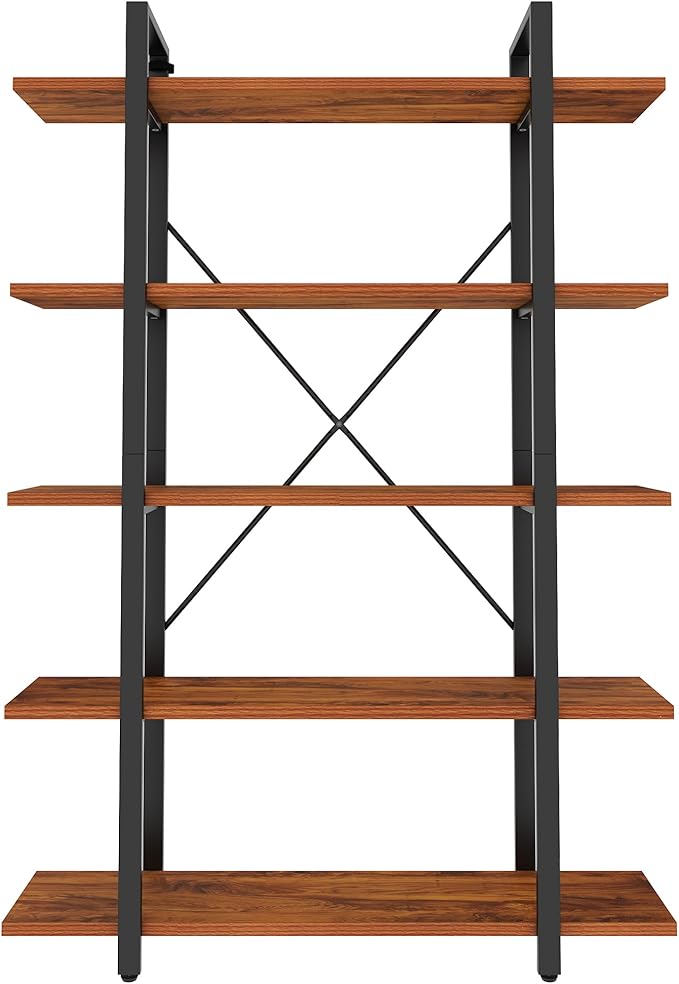 BATHWA Wood and Metal Minimalist 5 Tier Bookshelf, 6 feet Tall Open Rustic Wide Bookcase Industrial Style, Modern Wooden Big Book Shelf for Home Living Room Bedroom Office Storage, Rustic Brown