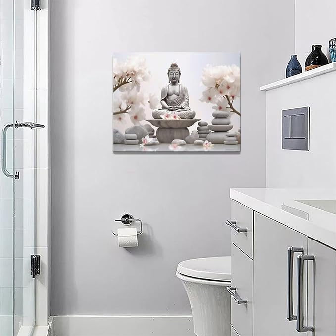 yerretin Buddha Zen Wall Art Buddhist Pictures Wall Decor Blossom Statue Canvas Meditation Painting Modern Artwork Home Decoration for Bathroom Living Room Bedroom Spa Yoga Framed 16"x12"