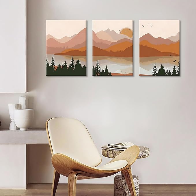 Bwodke Canvas Wall Art Boho Mountain Framed Wall Art Set of 3 Watercolor Nature Landscape Picture Decor Sun Forest Prints Artwork for Living Room Bedroom Office 12"x16"