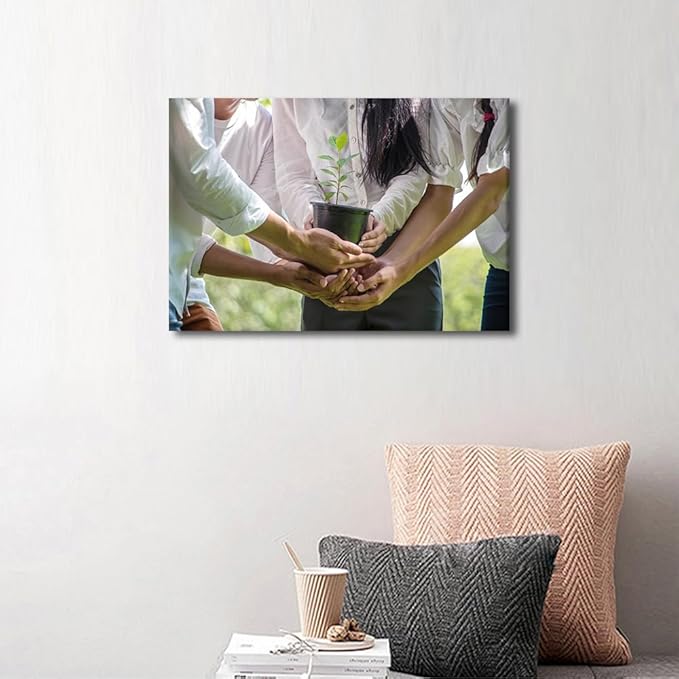 1 Panel Canvas Wall Art A Group Of People Holding Potted Plants In The Park Teamwork Concept Pictures Modern Decor Poster Canvas Print Frame Ready To Hang (12"Wx18"H)
