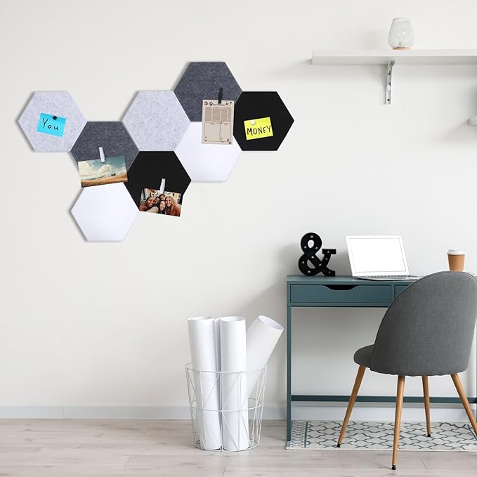 8 Pcs 12" Large Hexagon Felt Cork Bulletin Board Tiles Self Adhesive DIY Pin Board with 50 Push Pins and 10 Colored Clips, Wall Decor for Office Home Kitchen Photos Memos(Black White)