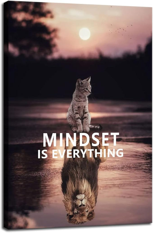 Inspirational Entrepreneur Quotes Kitten Lion Animal Poster Printing Artwork Painting Mindset is Everything Wall Art Picture Library Classroom Home Decoration Frame Ready to Hang[24''W x 36''H]