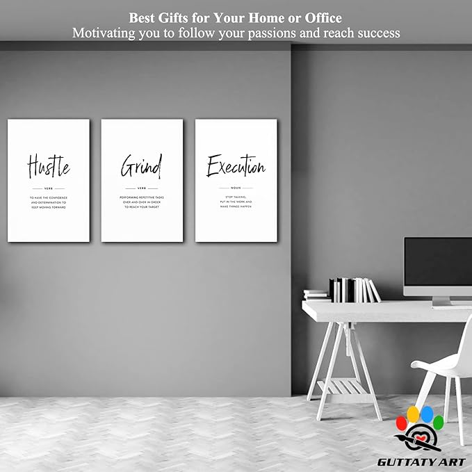 Office Wall Art - 3 Panel Motivational Wall Art, Inspirational Quotes Canvas Art for Home Office Wall Decor, Positive Quotes Wall Decor, Entrepreneur Grind Hustle Execution Poster Frame (20”x30”x3Pcs)