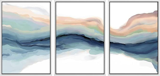 SIGNWIN Framed Canvas Print Wall Art Set Pastel Watercolor Teal Brown Paint Stroke Landscape Abstract Shapes Illustrations Modern Art Decorative for Living Room, Bedroom, Office - 16"x24"x3 White