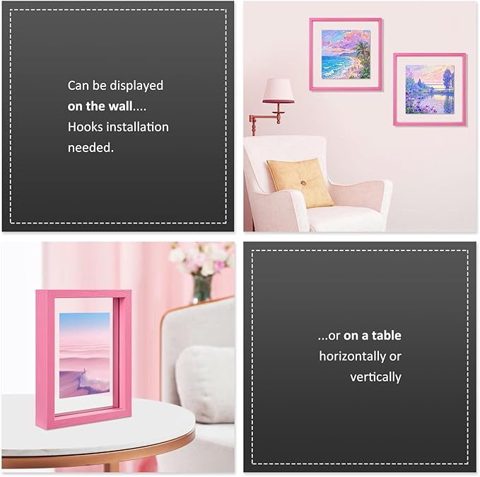 MUYE 12x16 Floating Frame Set of 2,Double Real Glass Photo Frame,Display Any Size Photo up to 12x16,Wall Mount or Tabletop Standing,Pink