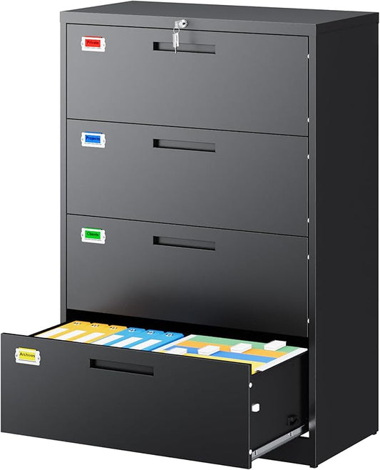 4 Drawer File Cabinet, Lateral Filing Cabinets for Home Office, Office Storage Drawers with Lock, Hanging Files Legal/Letter A4 Size (Assemble Required,Black)