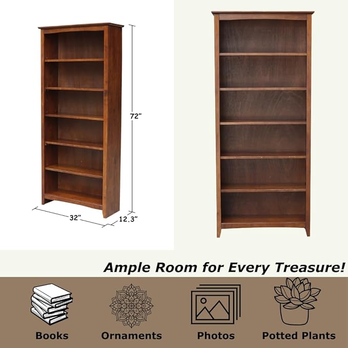 International Concepts, 72" High Bookcase With Adjustable Shelves, Solid/ Sturdy Parawood Construction, Durable Furniture, Eco-Friendly, Espresso