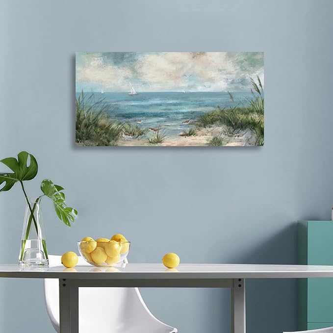 arteWOODS Vintage Seascape Canvas Prints Wall Decor Ocean Sailboat Canvas Pictures Seagull Bird Reed Canvas Painting Artwork for Living Room Bedroom Office Decoration 20" X 40"