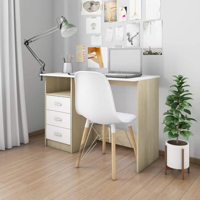 Modern Writing Computer Desk with 3 Drawers, Home Office Desk Writing Study Table PC Desk Workstation for Bedroom, White and Sonoma Oak 43.3"x19.7"x29.9" Engineered Wood(I)