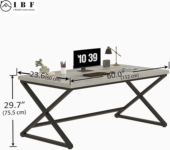 IBF Gray Computer Desk, Industrial 60” Work Desk for Writing Study, Simple Wooden Metal Executive Home Office Desk, Modern Pc Gaming Laptop Workstation Computer Table in Bedroom, Light Grey Oak