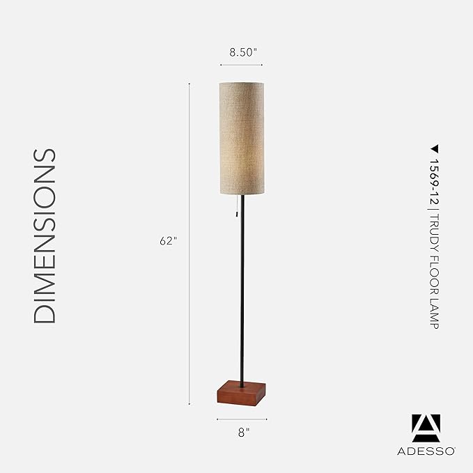 Adesso Floor Lamp with Walnut Base, Black Body and Beige Fabric Lampshade – Lamp for Bedroom, Living Room, and House Décor, 62” x 8.5”