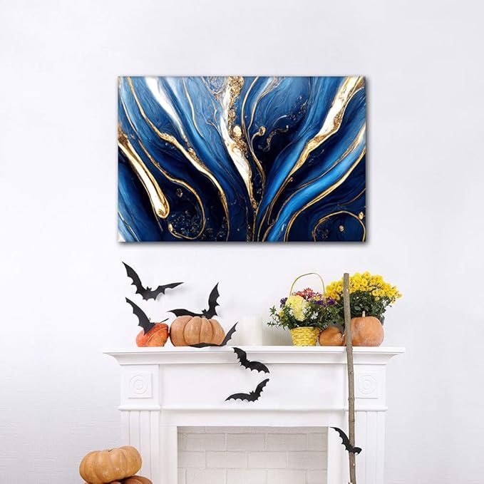 Canvas Wall Art for Living Room Decor Abstract Illustration Printing Blue Gold and White Colors Poster Prints on Canvas for Native Americans 1 Panel Bedroom Wall Decor Framed Ready to Hang 36x24 in