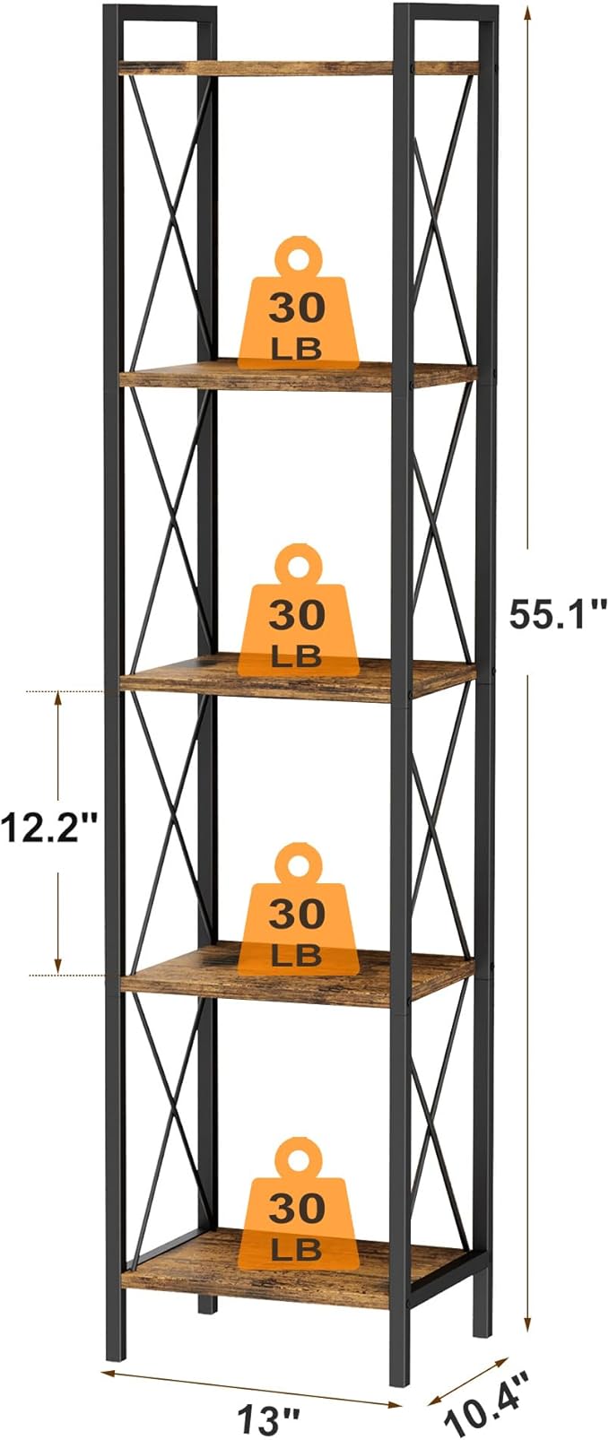 Homhedy 5 Tier Bookshelf, Tall Narrow Bookcase for Small Space, Metal Storage Book Shelf, for Home Office, Living Room, Kitchen, Bedroom, Industrial Style, 10.4" D x 13" W x 55.1" H, Rustic Brown
