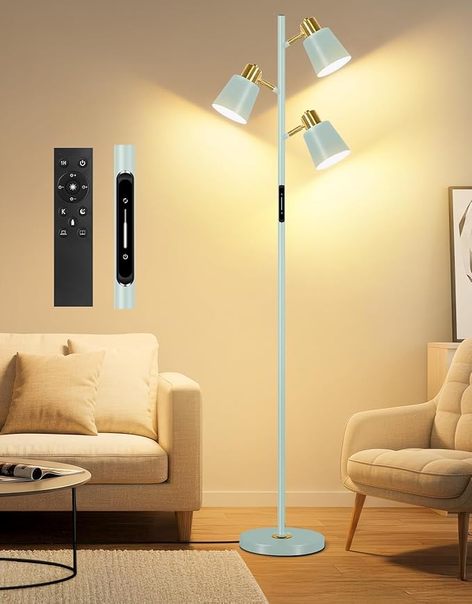 OUTON Tree Floor Lamp, LED Dimmable Floor Lamp with Remote and Touch Slide Control, 4 Color Temperatures, 3 Rotatable Lights, Modern Standing Lamp for Living Room Bedroom Office,Teal & Gold